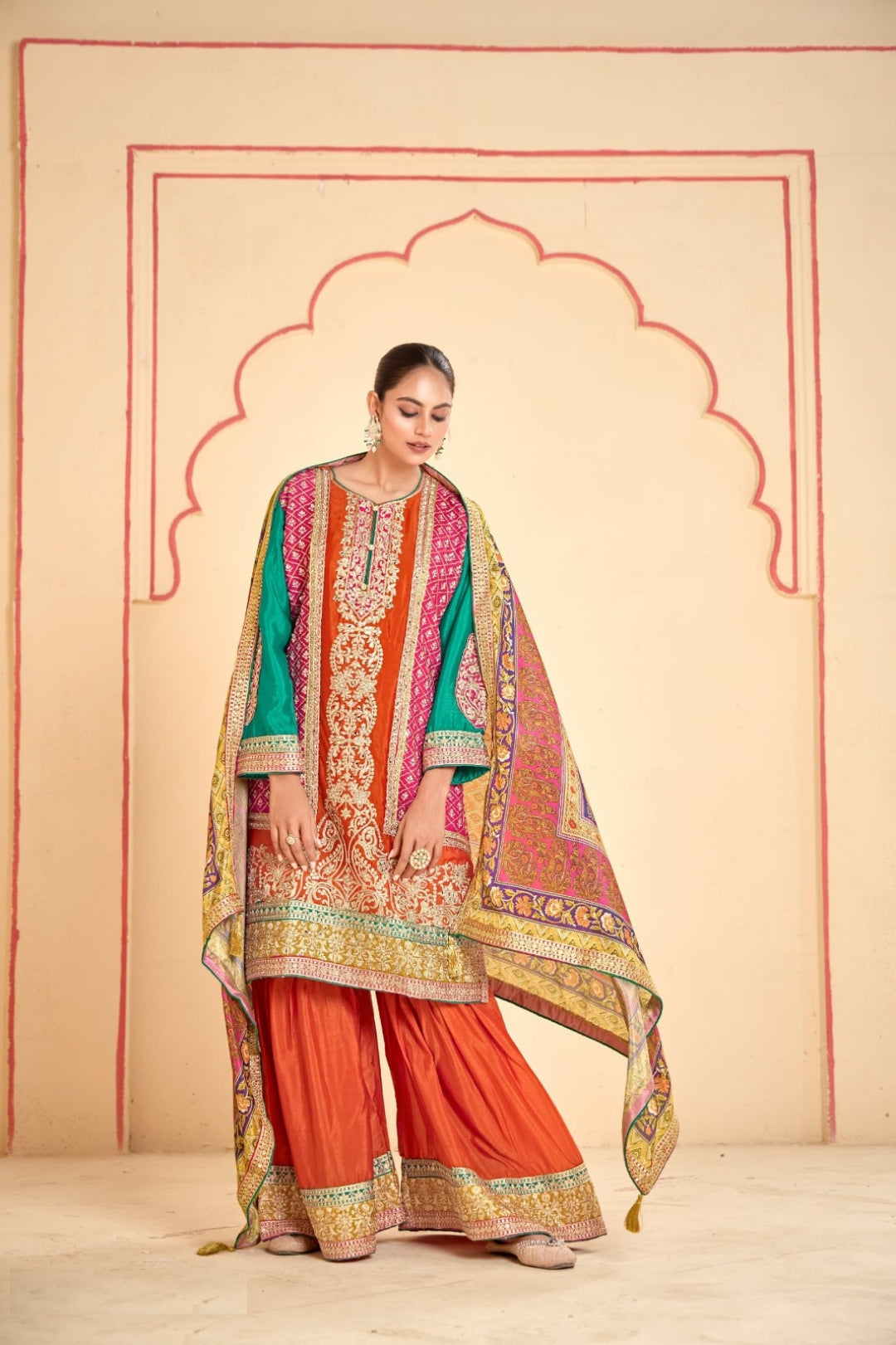 Flawless Multi Orange Chinon Sharara Bottom Suit Set