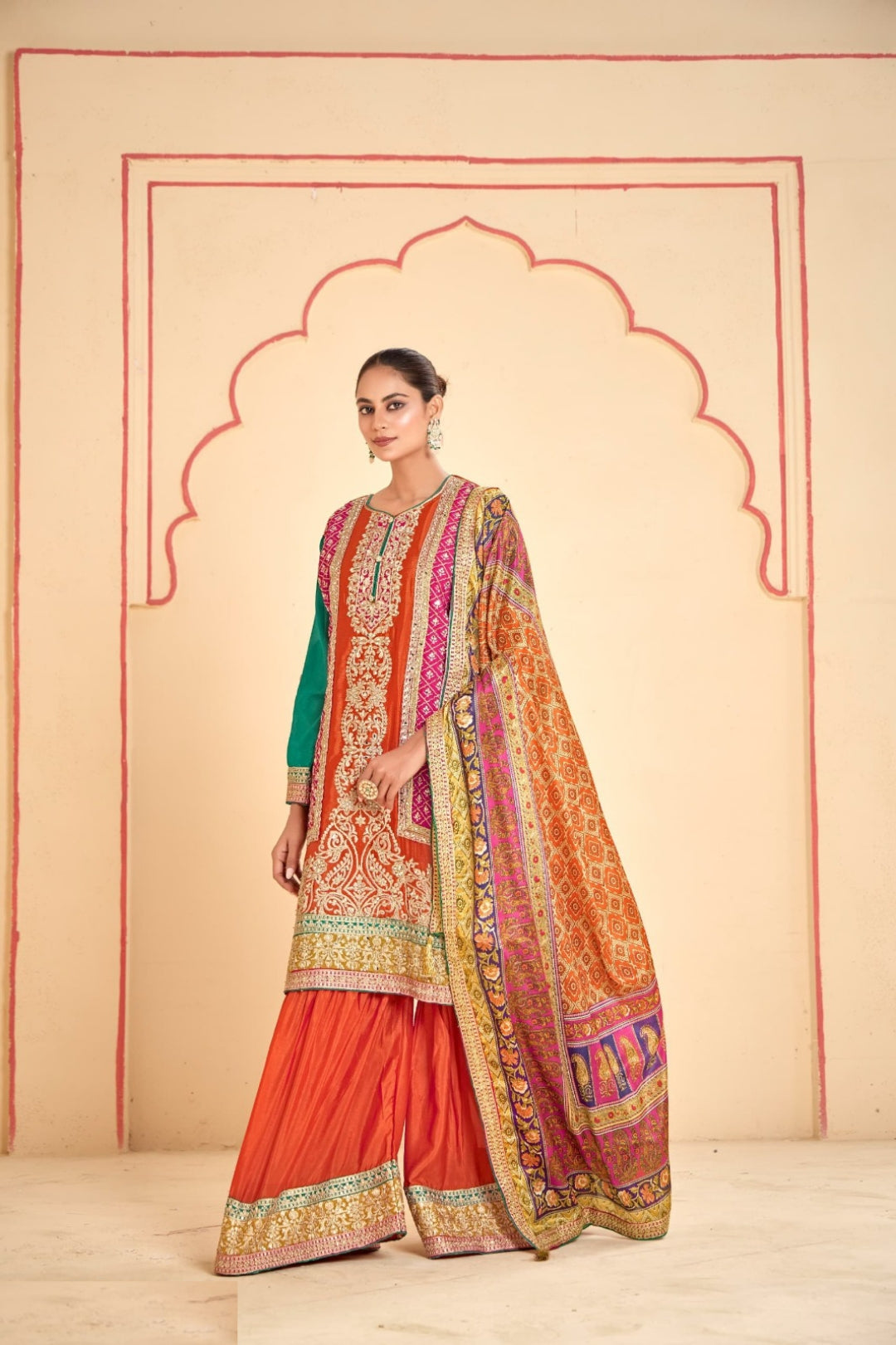 Flawless Multi Orange Chinon Sharara Bottom Suit Set