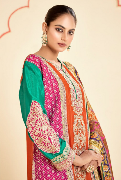 Flawless Multi Orange Chinon Sharara Bottom Suit Set