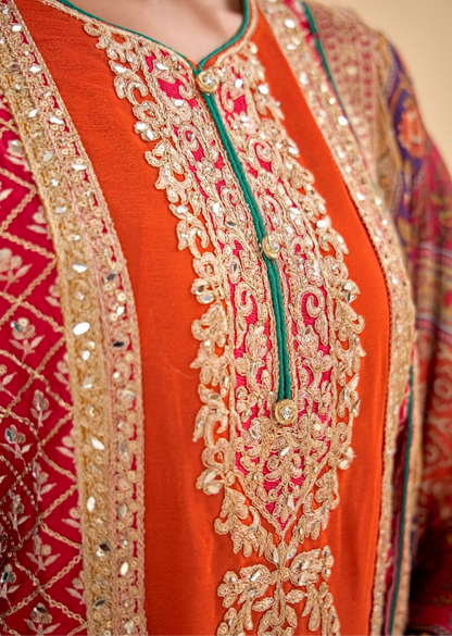 Flawless Multi Orange Chinon Sharara Bottom Suit Set