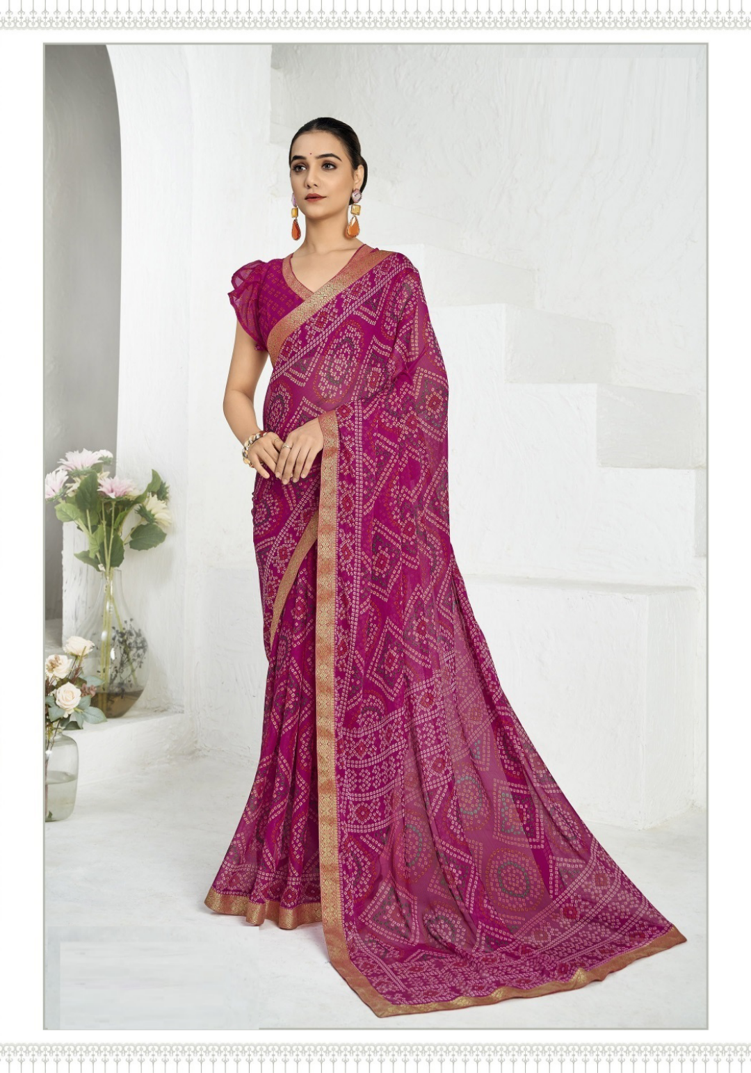Women Burgundy Chiffo Vibrant Saree