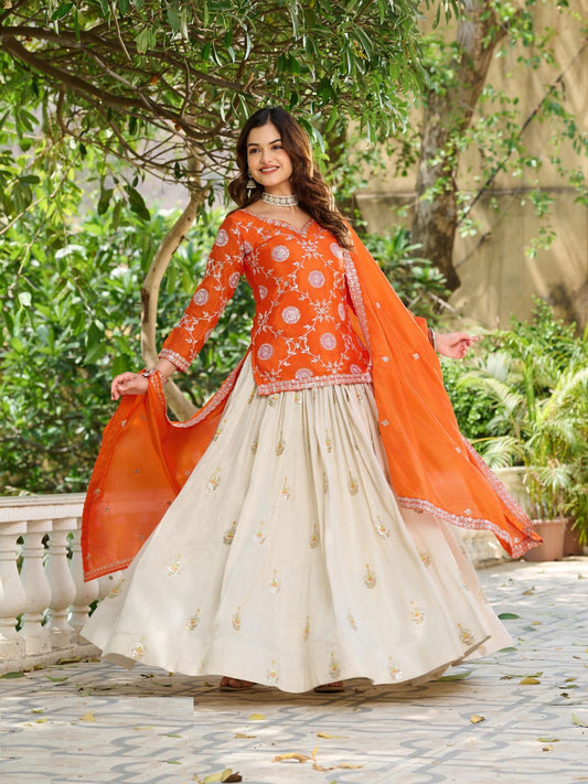 Women Orange And Off White Chinon With Embroidery Cording Sequin Work Lehenga Bottom Suit Set