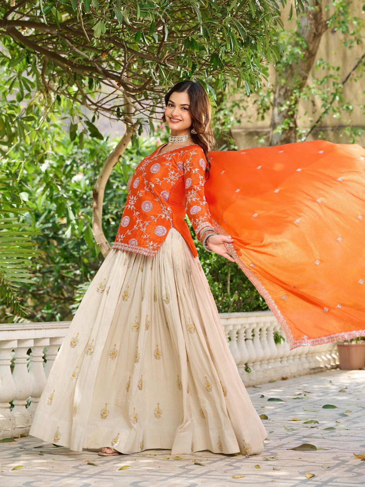 Women Orange And Off White Chinon With Embroidery Cording Sequin Work Lehenga Bottom Suit Set