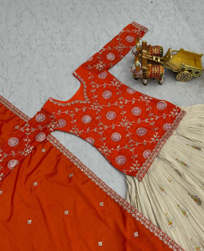 Women Orange And Off White Chinon With Embroidery Cording Sequin Work Lehenga Bottom Suit Set