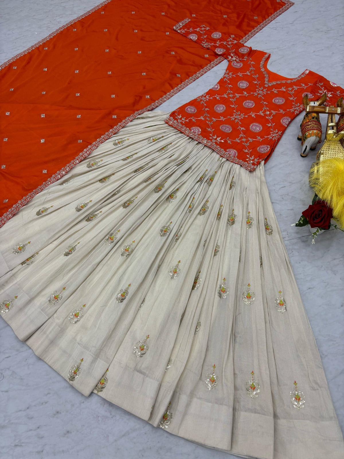 Women Orange And Off White Chinon With Embroidery Cording Sequin Work Lehenga Bottom Suit Set