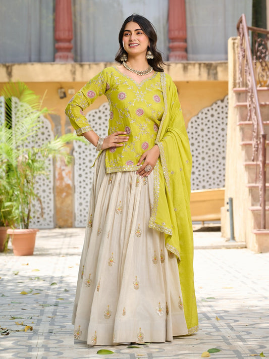 Women Green And Off White Chinon With Embroidery Cording Sequin Work Lehenga Bottom Suit Set