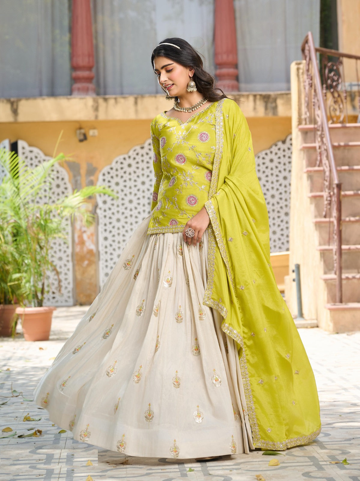 Women Green And Off White Chinon With Embroidery Cording Sequin Work Lehenga Bottom Suit Set