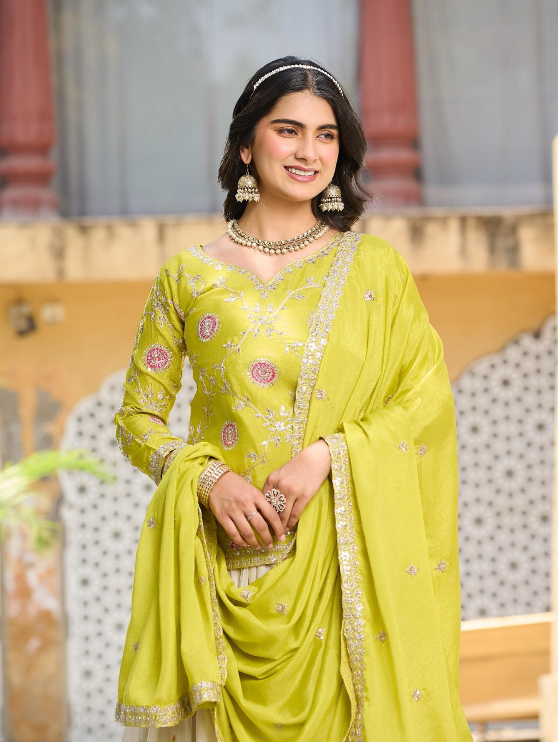 Women Green And Off White Chinon With Embroidery Cording Sequin Work Lehenga Bottom Suit Set