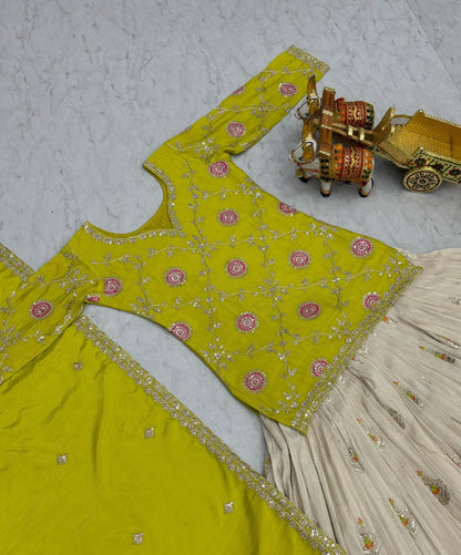 Women Green And Off White Chinon With Embroidery Cording Sequin Work Lehenga Bottom Suit Set