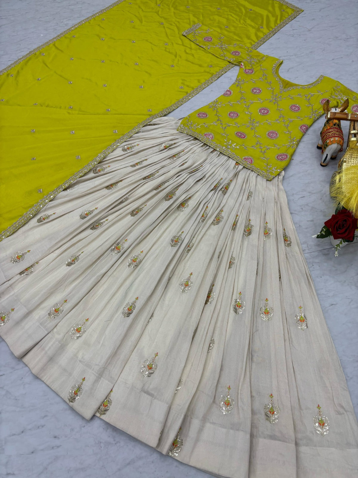 Women Green And Off White Chinon With Embroidery Cording Sequin Work Lehenga Bottom Suit Set