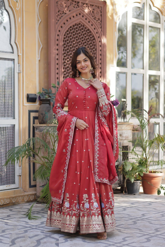 Lustrous Red Viscose Gowns With Dupatta