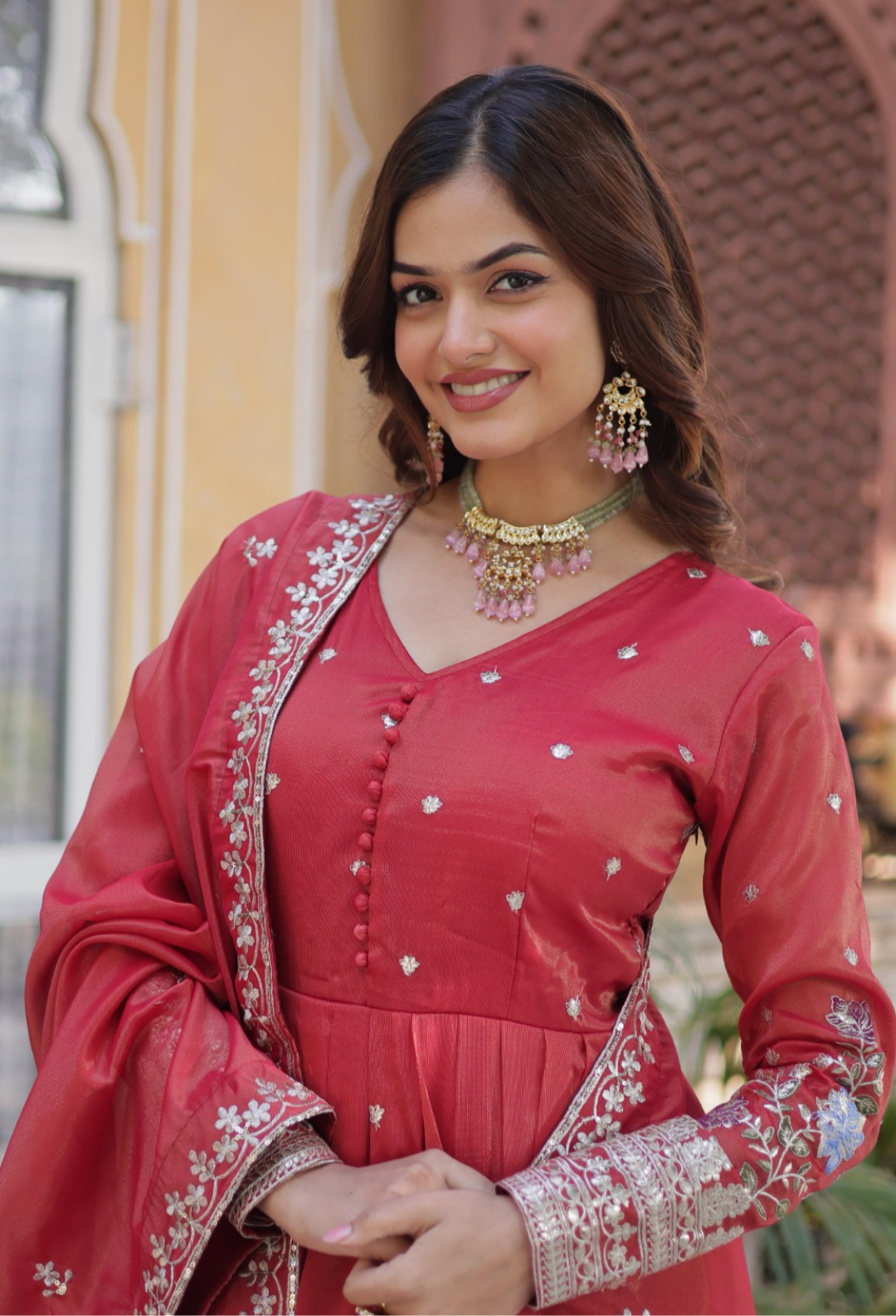 Lustrous Red Viscose Gowns With Dupatta