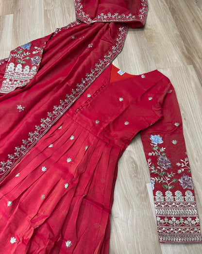 Lustrous Red Viscose Gowns With Dupatta