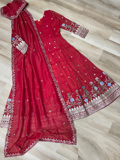Lustrous Red Viscose Gowns With Dupatta