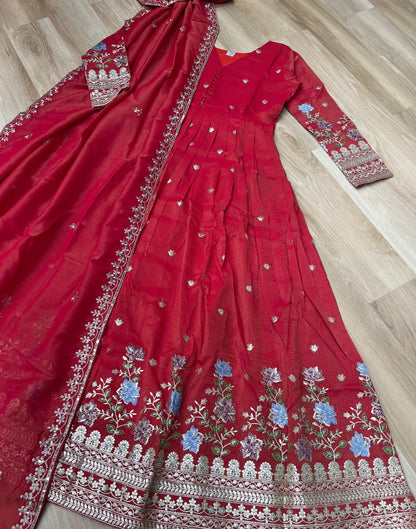 Lustrous Red Viscose Gowns With Dupatta