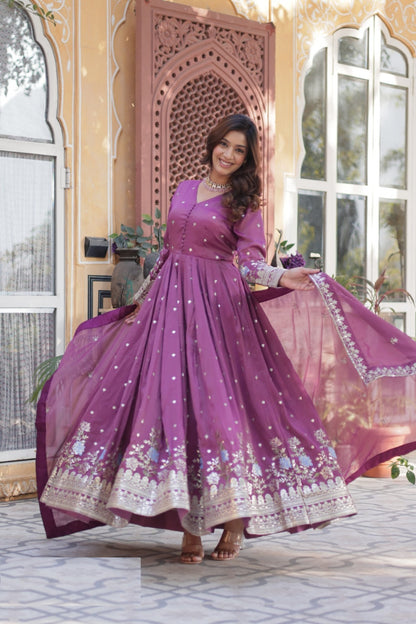 Avant-Garde Purple Viscose Gowns With Dupatta