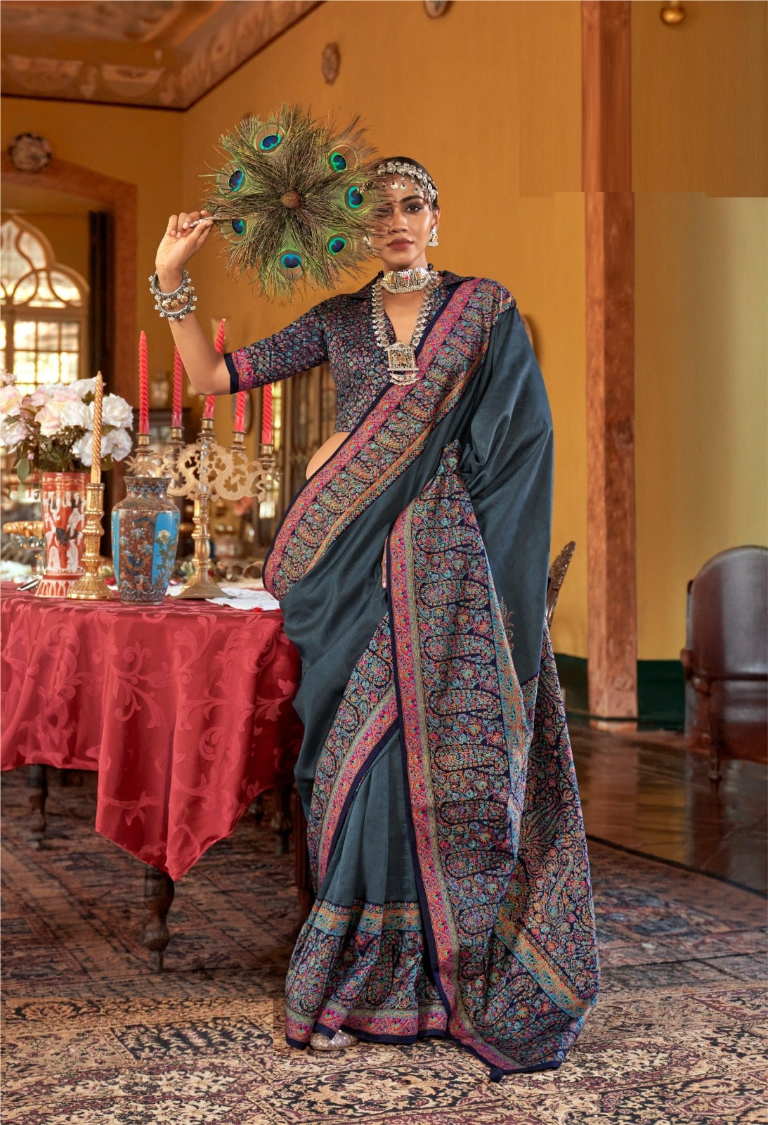 Women Dark Grey Silk Kashmiri Saree