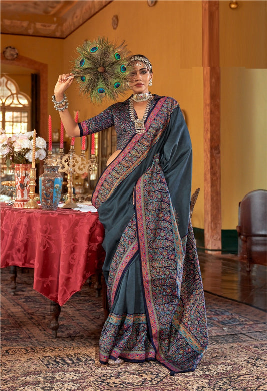 Women Dark Grey Silk Kashmiri Saree