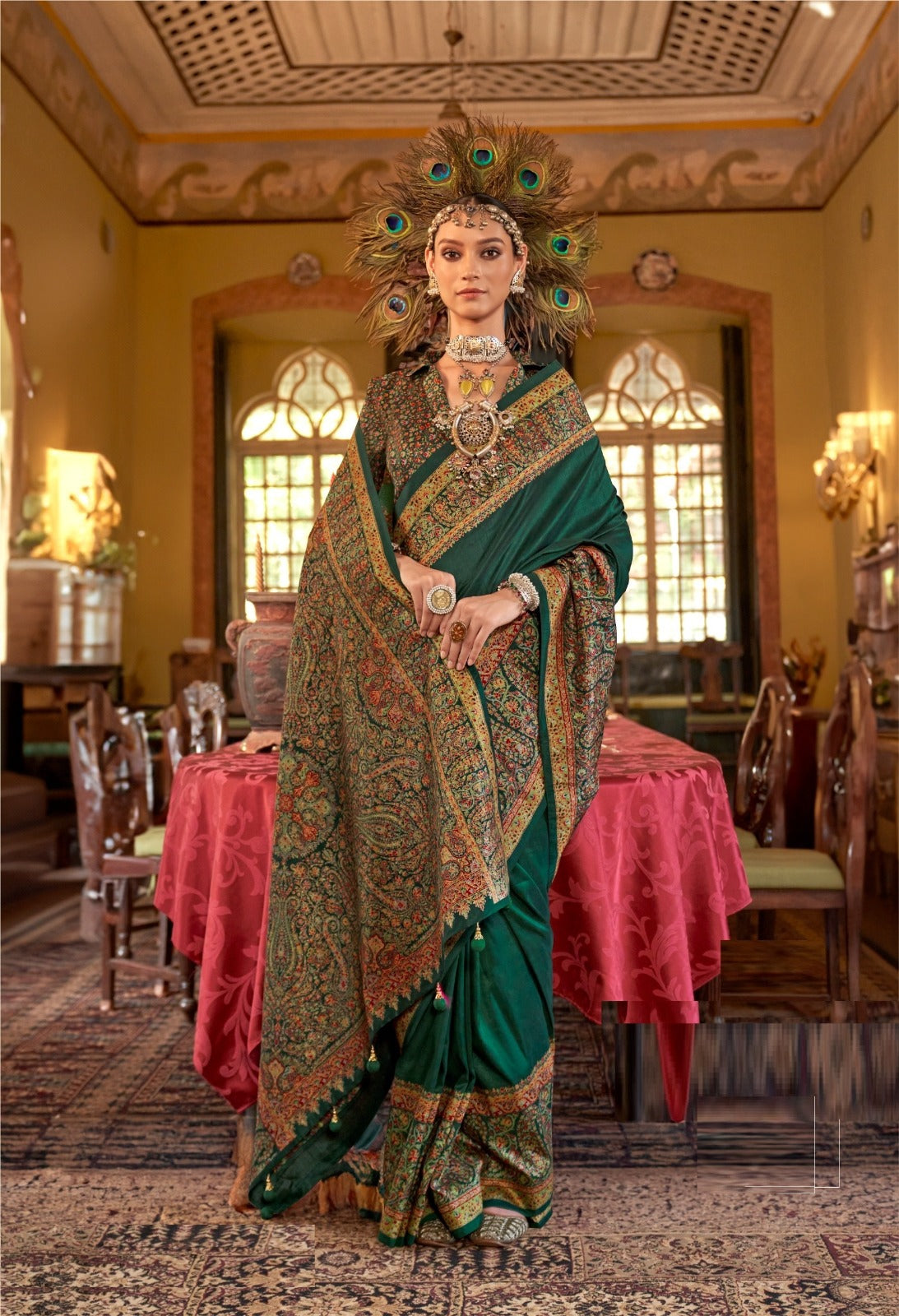 Women Bottle Green Silk Kashmiri Saree