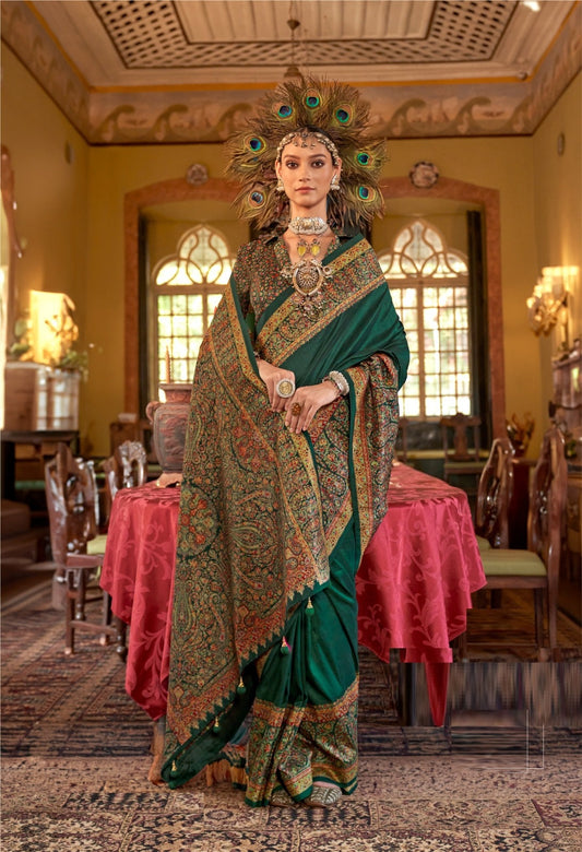 Women Bottle Green Silk Kashmiri Saree