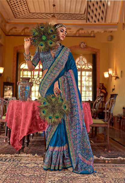 Women Teal Silk Kashmiri Saree