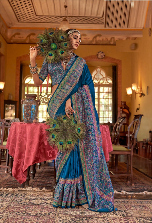 Women Teal Silk Kashmiri Saree