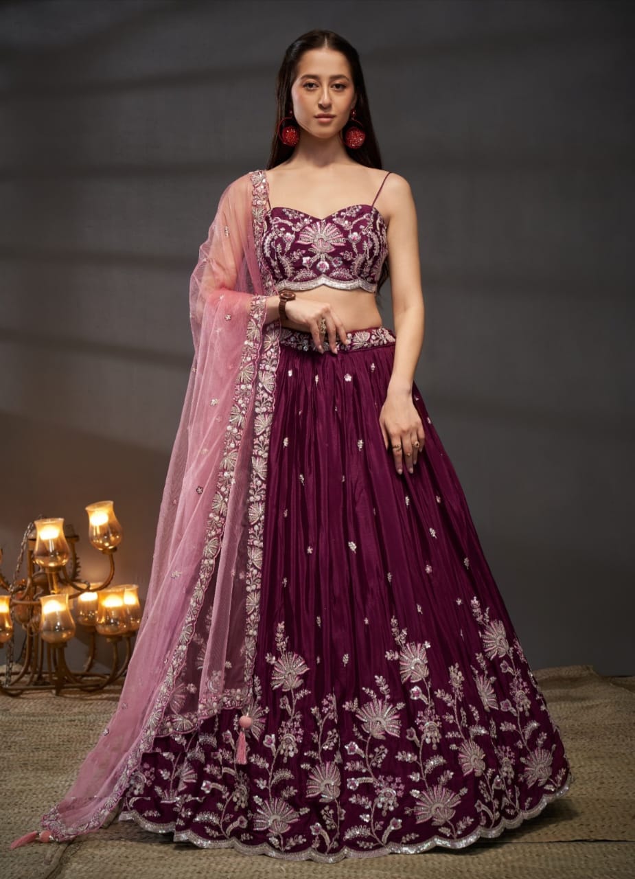 Classy Wine Polyester Chiffon Stylish Lehenga