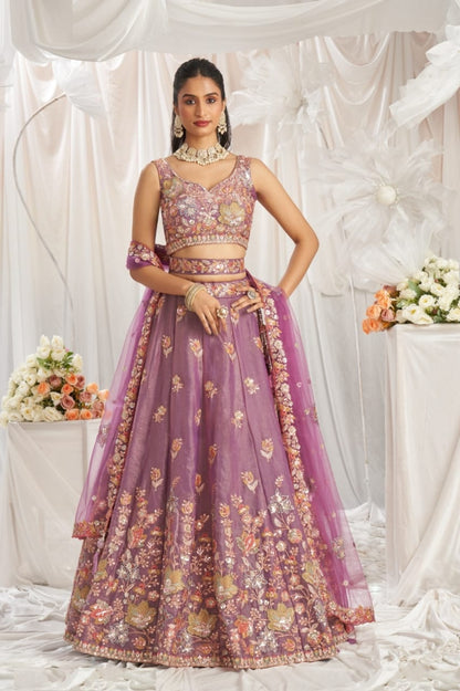 Sleek Lilac Organza Thread Embroidery Work Stylish Lehenga