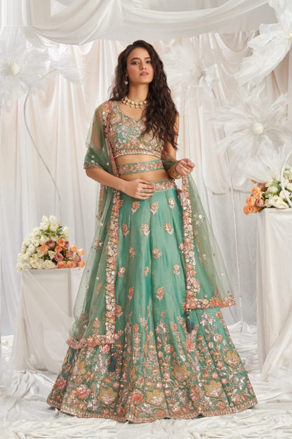 Exquisite Sea Green Organza Thread Embroidery Work Stylish Lehenga
