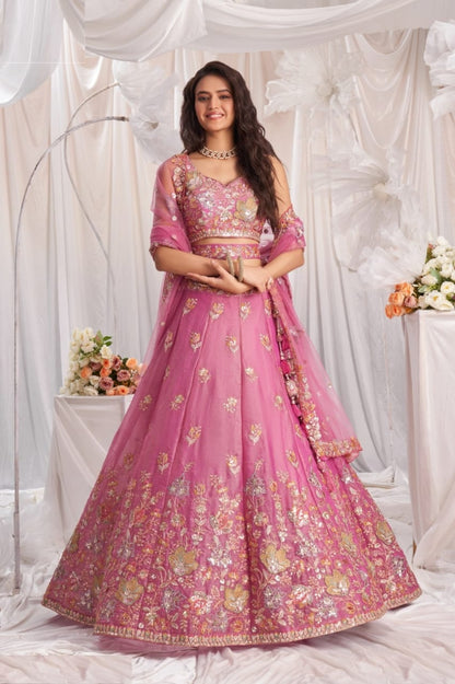 Vibrant Pink Organza Thread Embroidery Work Stylish Lehenga