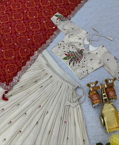 Elegant White And Red Tissue Silk With Embroidery Sequins Work Bandhani Dupatta Lehenga