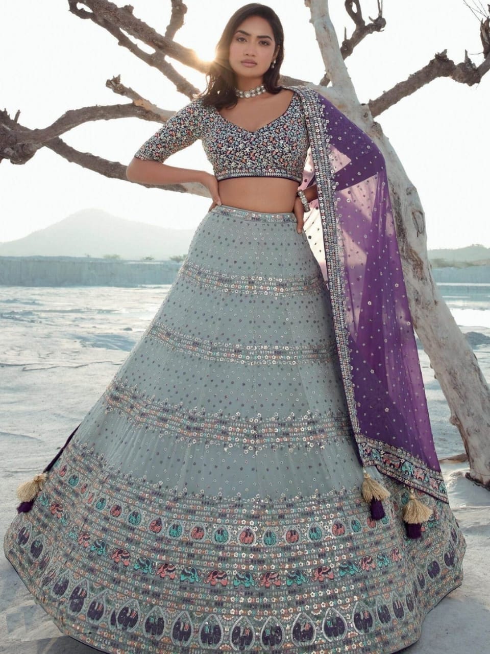 Polished Grey Georgette Bridal Lehenga