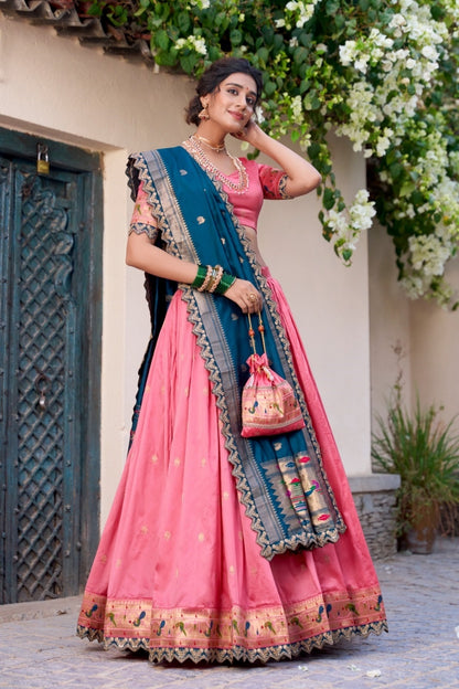 Women Light Pink Jacquard Silk Zari Weaving With Sequins Thread Embroidery Work Traditional Lehenga
