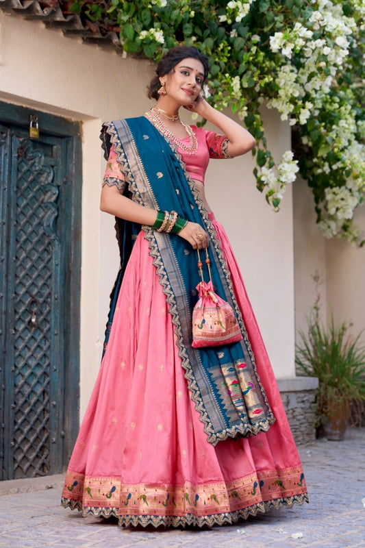 Women Light Pink Jacquard Silk Zari Weaving With Sequins Thread Embroidery Work Traditional Lehenga