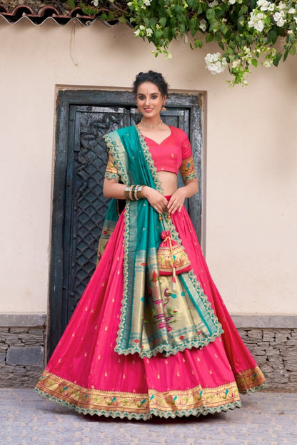 Women Pink Jacquard Silk Zari Weaving With Sequins Thread Embroidery Work Traditional Lehenga