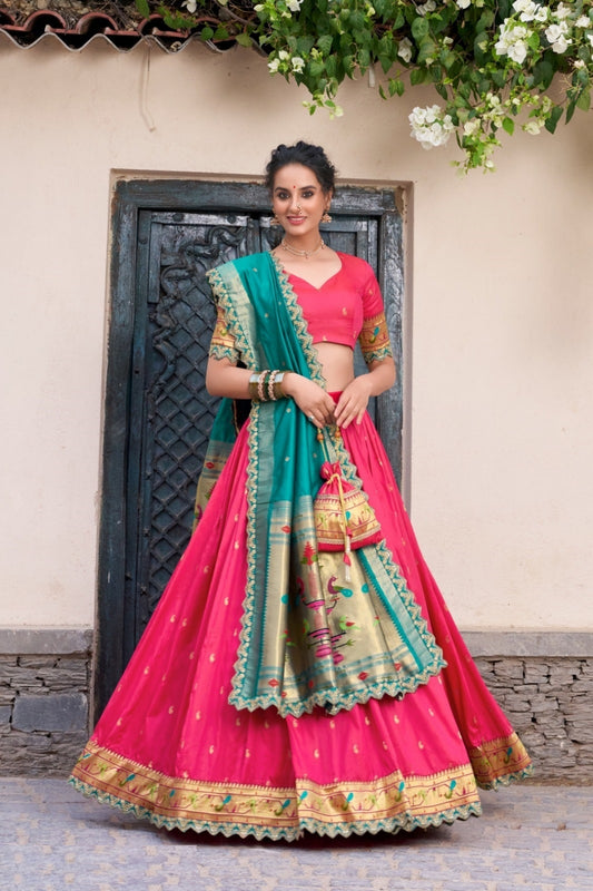 Women Pink Jacquard Silk Zari Weaving With Sequins Thread Embroidery Work Traditional Lehenga