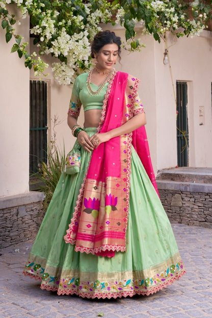 Women Pista Green Jacquard Silk Zari Weaving With Sequins Thread Embroidery Work Traditional Lehenga