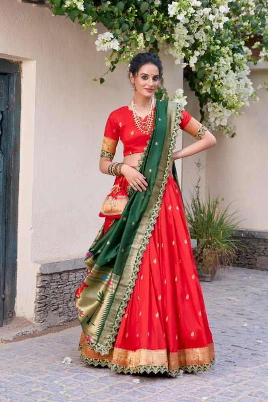 Women Red Jacquard Silk Zari Weaving With Sequins Thread Embroidery Work Traditional Lehenga