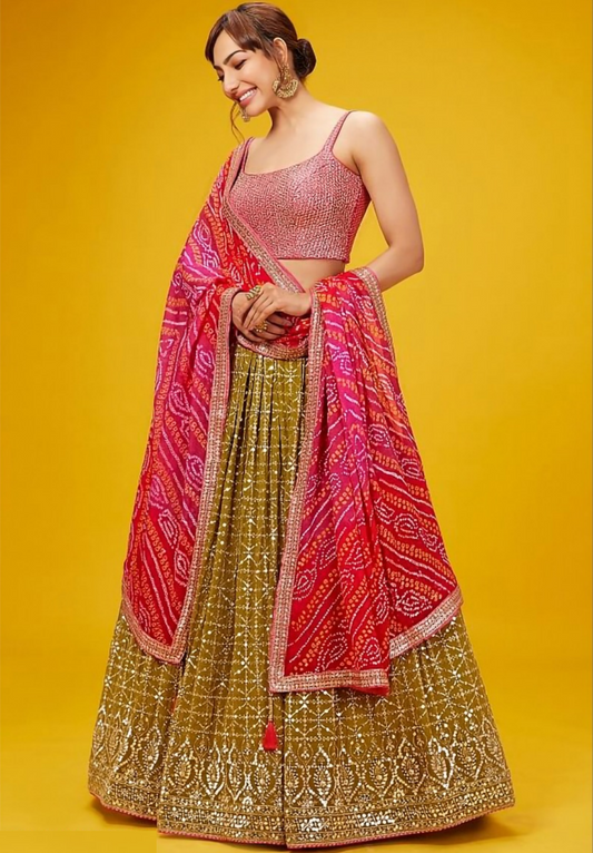 Women Olive Green Georgette Zari & Sequins Embroidery Work Digital Print Stylish Lehenga