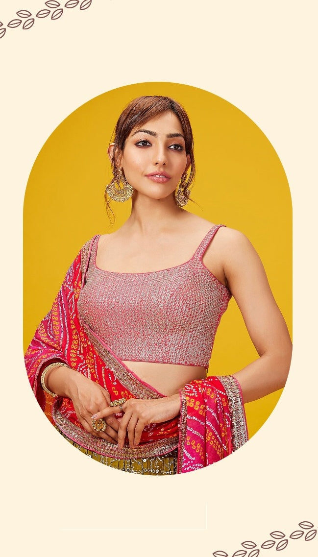 Women Olive Green Georgette Zari & Sequins Embroidery Work Digital Print Stylish Lehenga