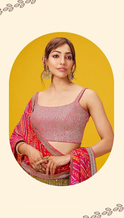 Women Olive Green Georgette Zari & Sequins Embroidery Work Digital Print Stylish Lehenga