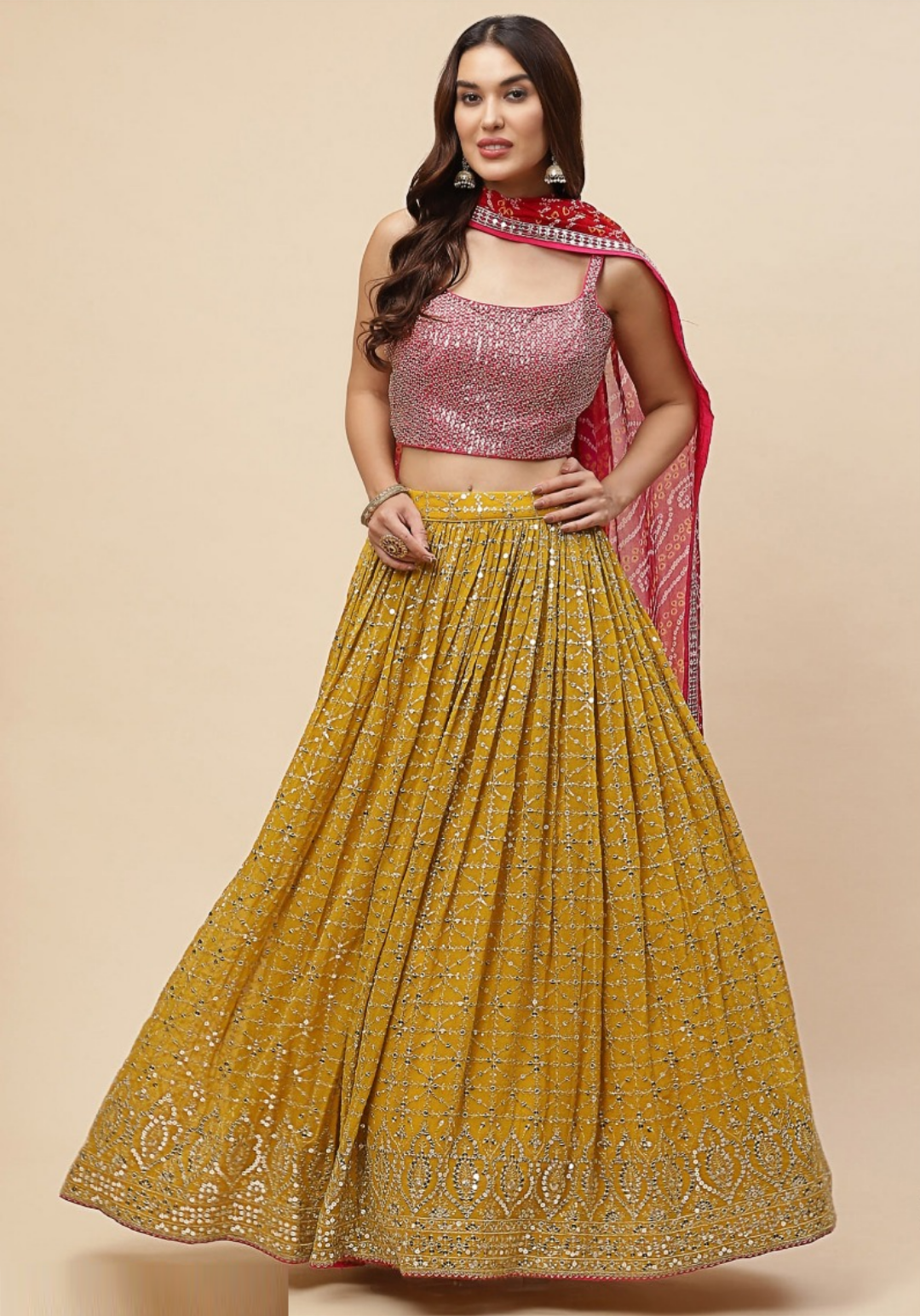 Polished Yellow Georgette Zari & Sequins Embroidery Work Digital Print Stylish Lehenga