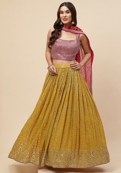 Polished Yellow Georgette Zari & Sequins Embroidery Work Digital Print Stylish Lehenga