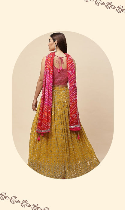 Polished Yellow Georgette Zari & Sequins Embroidery Work Digital Print Stylish Lehenga