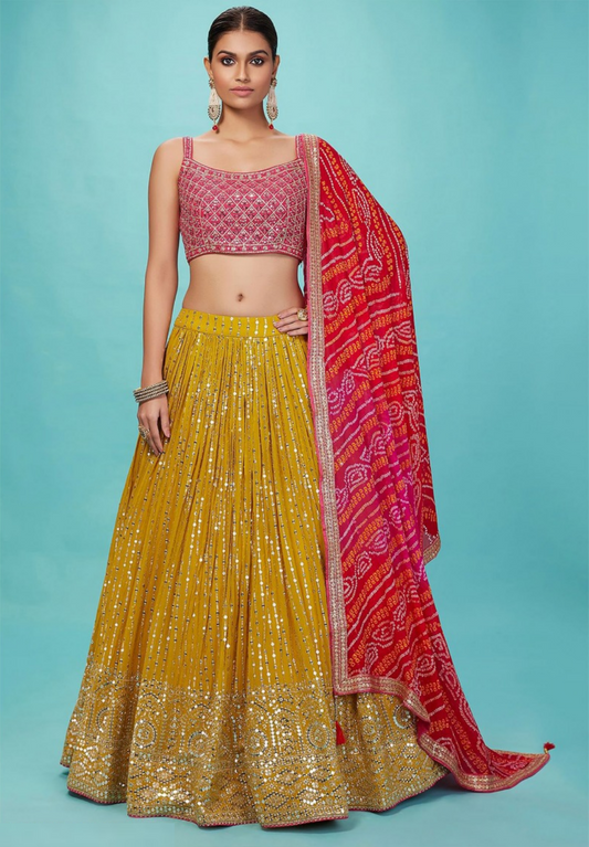 Trendy Yellow Georgette Zari & Sequins Embroidery Work Digital Print Stylish Lehenga