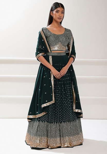 Women Bottle Green Georgette Zari & Sequins Embroidery Work Digital Print Stylish Lehenga