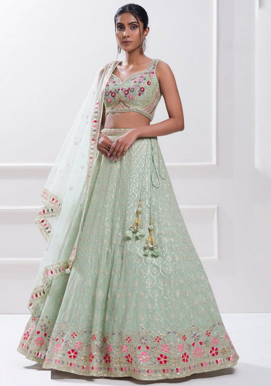 Women Sky Blue Georgette Zari & Sequins Embroidery Work Digital Print Stylish Lehenga