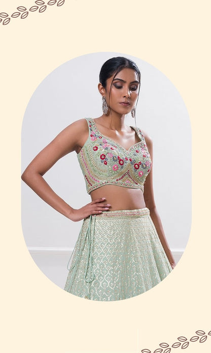 Women Sky Blue Georgette Zari & Sequins Embroidery Work Digital Print Stylish Lehenga