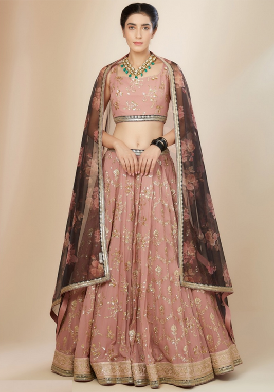 Women Light Pink Georgette Zari & Sequins Embroidery Work Digital Print Stylish Lehenga