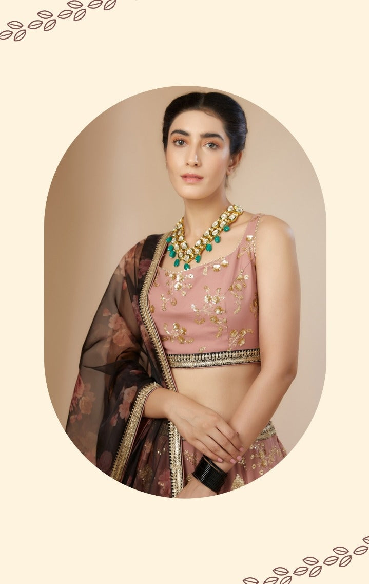 Women Light Pink Georgette Zari & Sequins Embroidery Work Digital Print Stylish Lehenga